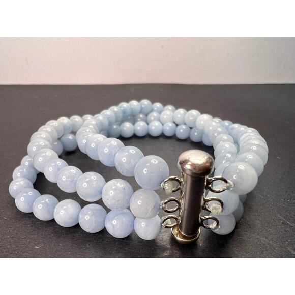 NEW Triple strand beaded aquamarine bracelet with sterling silver slide clasp - Picture 3 of 10